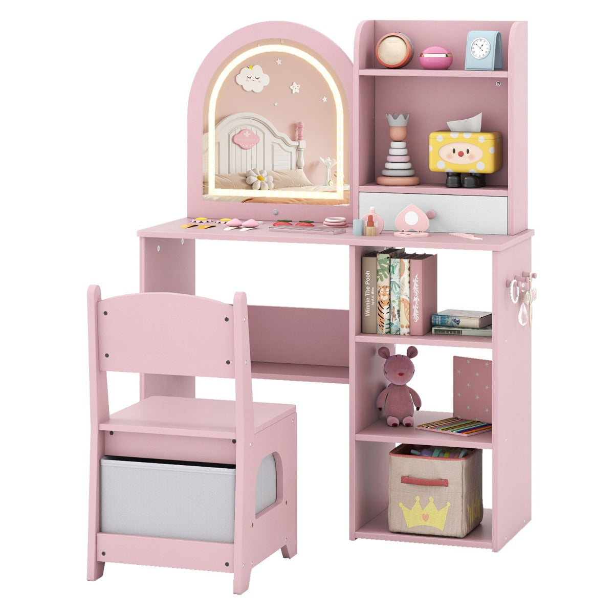 LIVSK Kinderschminktafel met Spiegel en Stoel - Verstelbare Verlichting - Veel Opbergruimte - Veilig Ontwerp - Roze/Wit