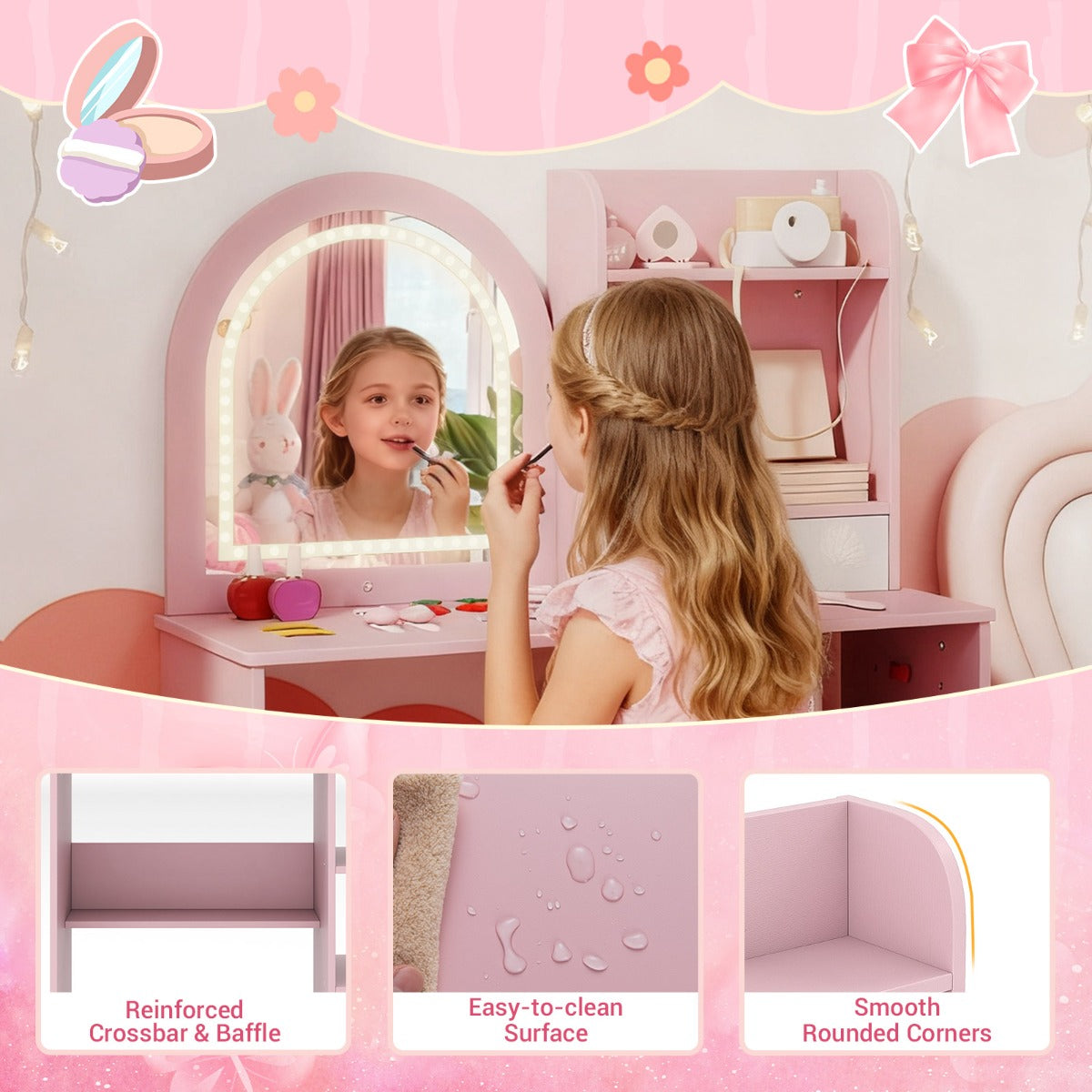 LIVSK Kinderschminktafel met Spiegel en Stoel - Verstelbare Verlichting - Veel Opbergruimte - Veilig Ontwerp - Roze/Wit