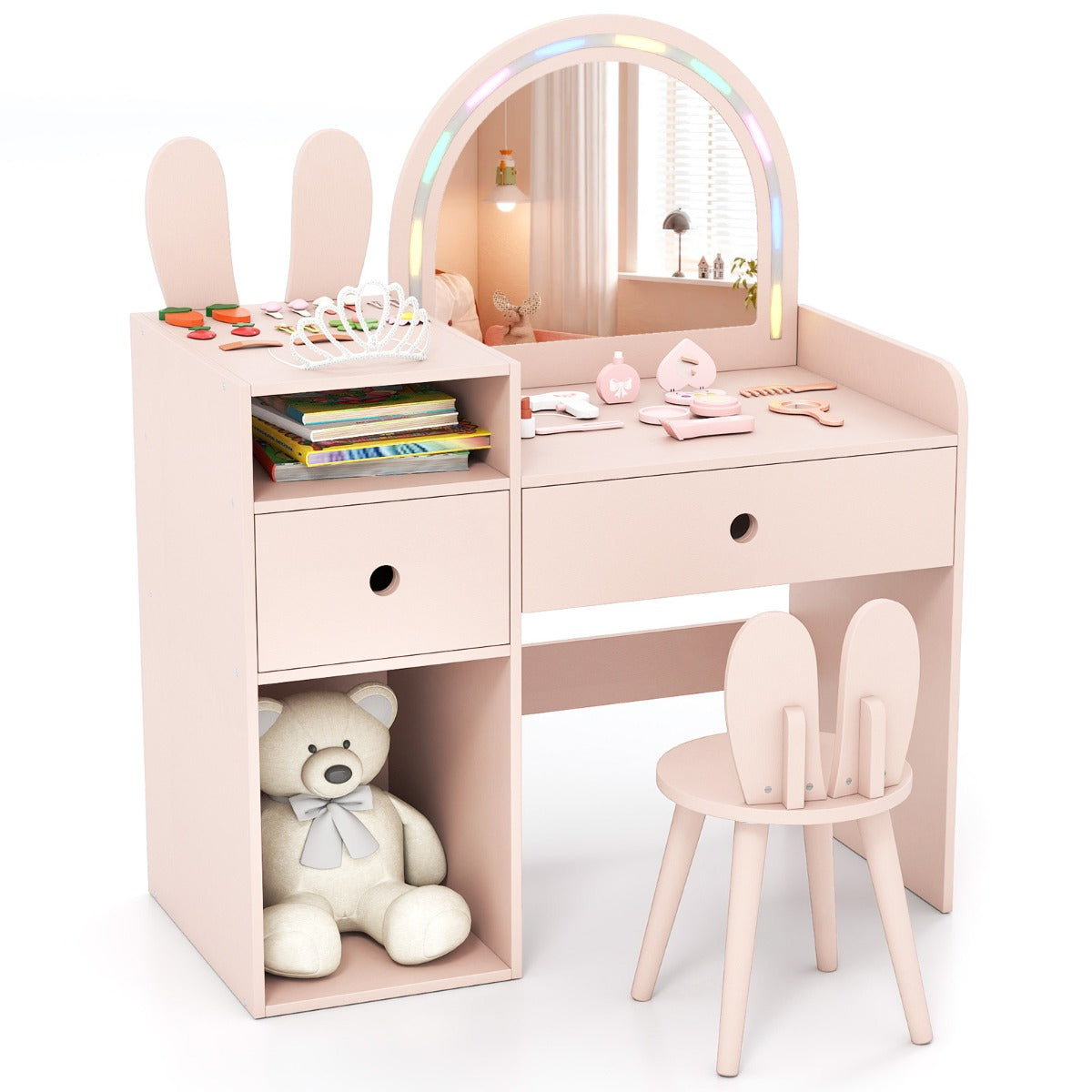 Livsk costway kinderkaptafel en stoelenset met een schitterende led spiegel schattig konijnenorenontwerp en een kaptafel met lades roze