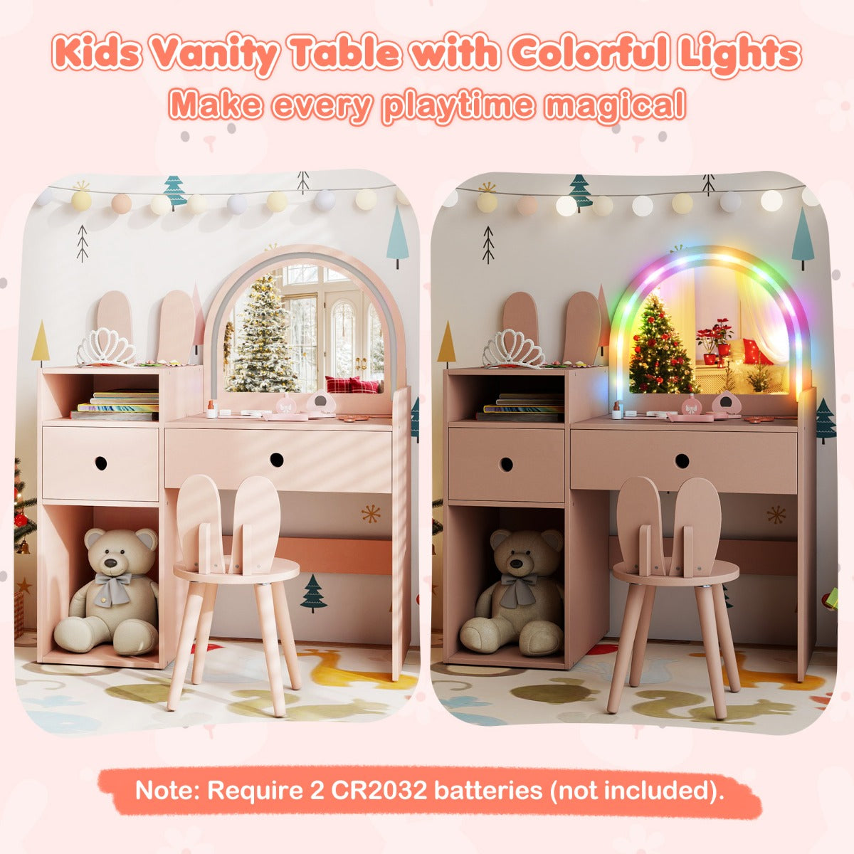 Livsk costway kinderkaptafel en stoelenset met een schitterende led spiegel schattig konijnenorenontwerp en een kaptafel met lades roze 5