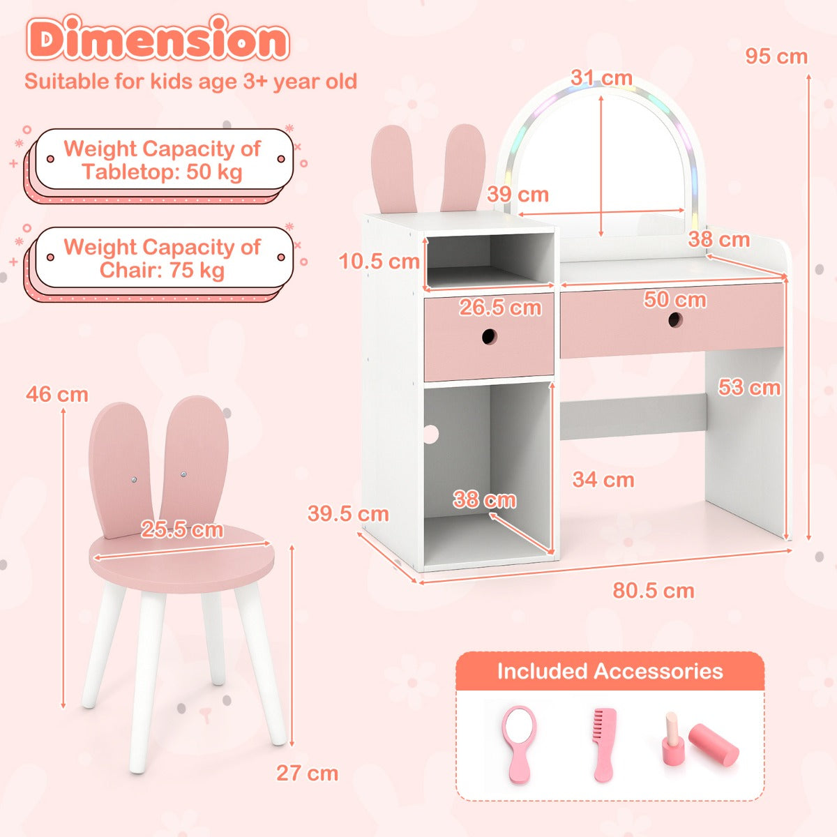 Livsk costway kinderkaptafel en stoelenset met een schitterende led spiegel schattig konijnenorenontwerp en een kaptafel met lades wit 1 1