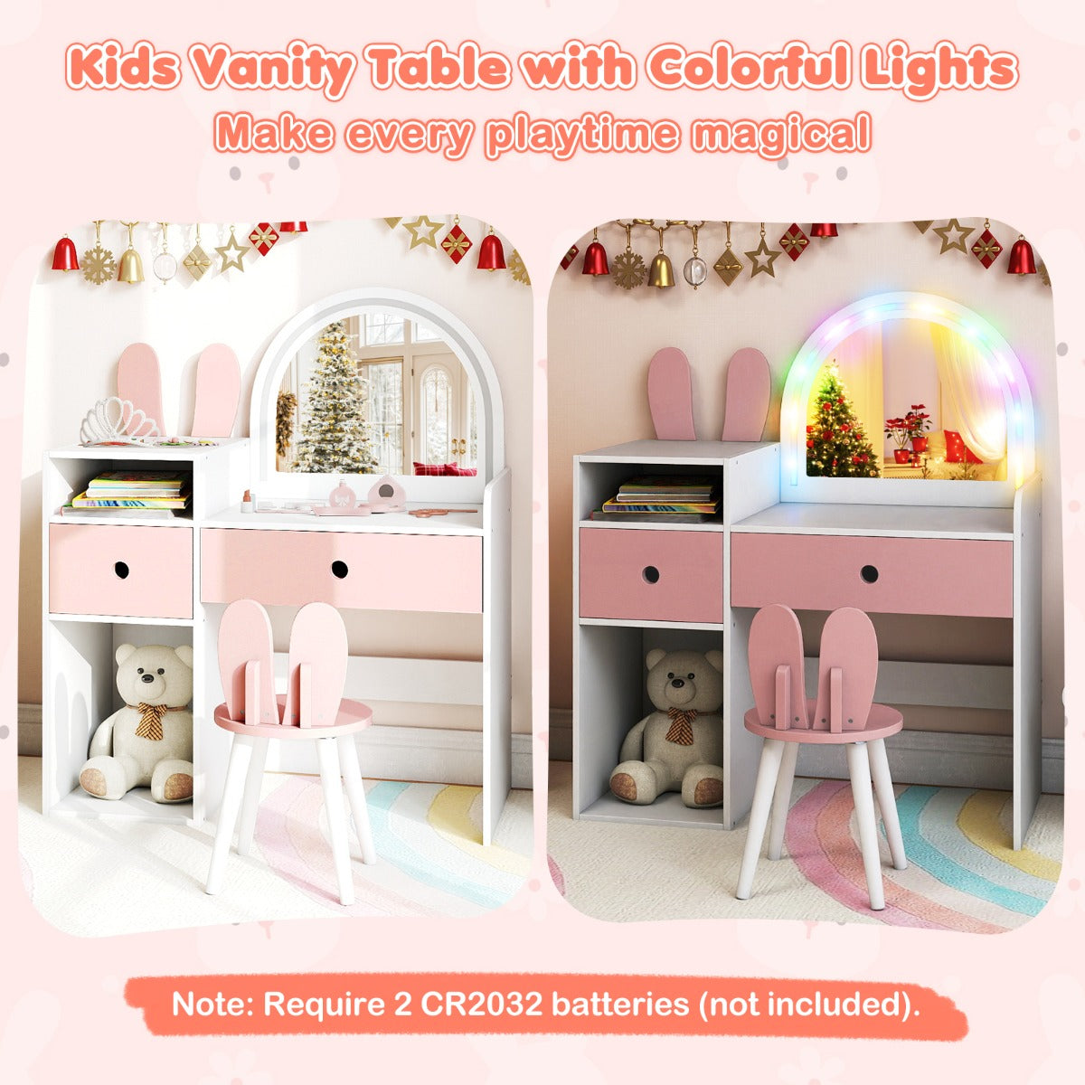 Livsk costway kinderkaptafel en stoelenset met een schitterende led spiegel schattig konijnenorenontwerp en een kaptafel met lades wit 4
