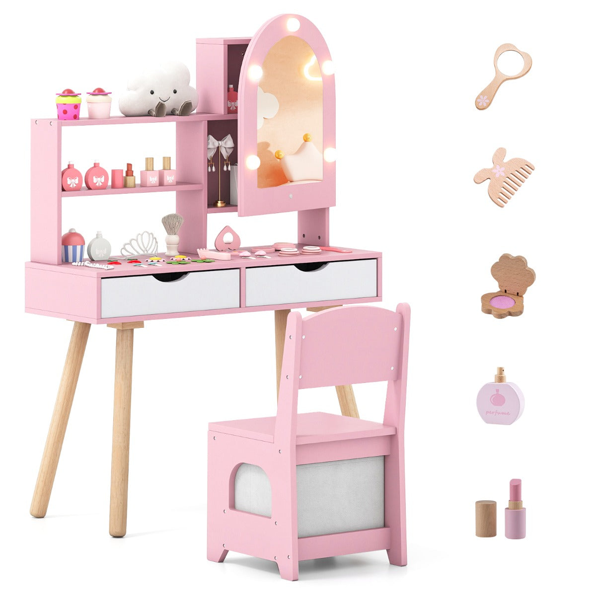 Livsk costway kinderkaptafel en stoelset kaptafel met spiegel roze