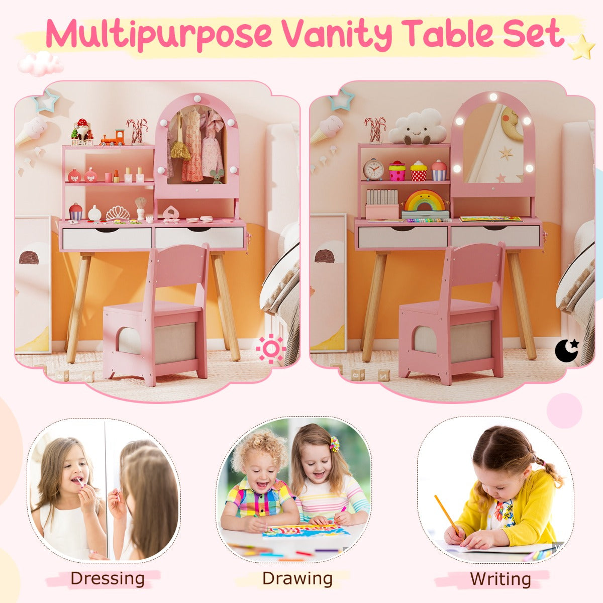 Livsk costway kinderkaptafel en stoelset kaptafel met spiegel roze 6