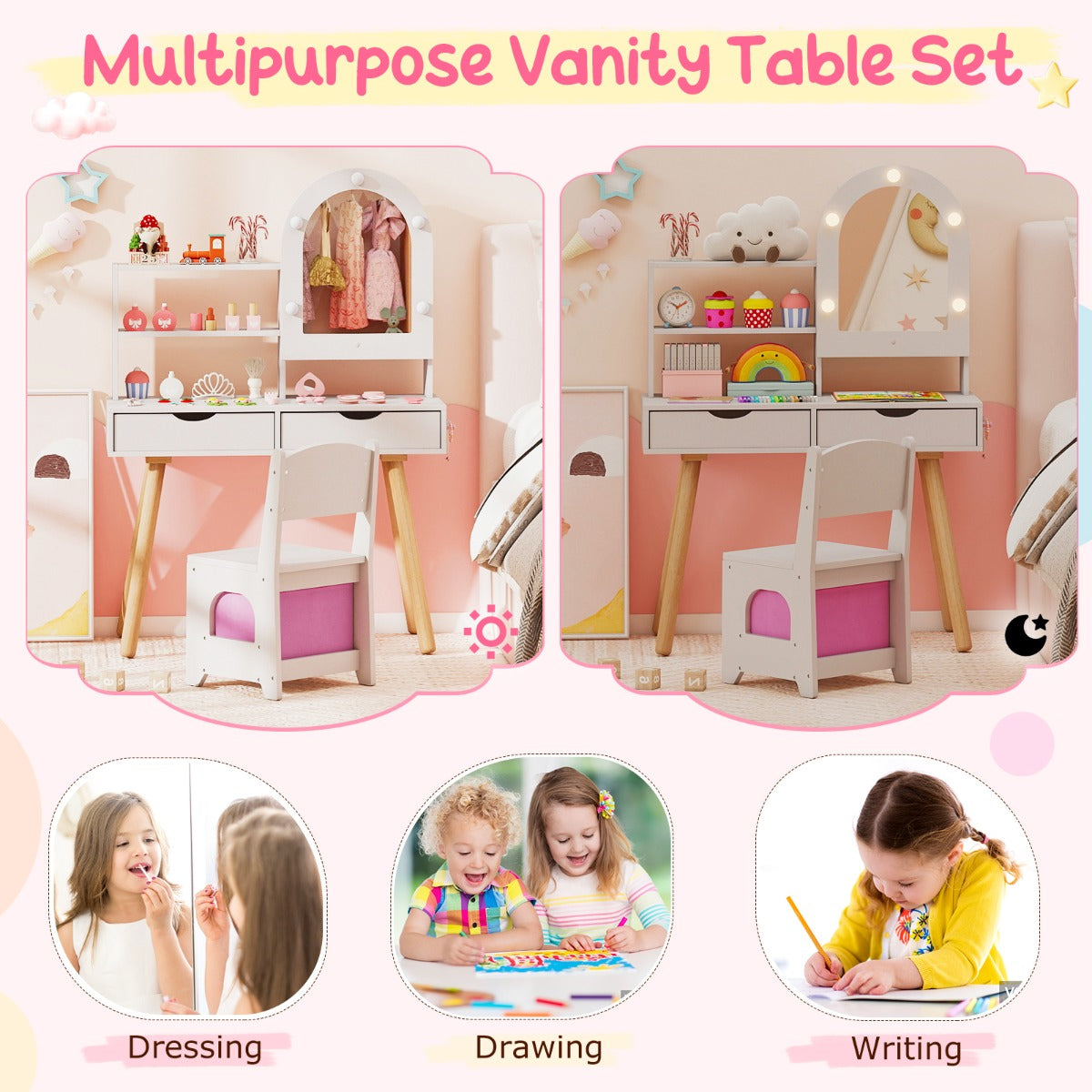 Livsk costway kinderkaptafel en stoelset kaptafel met spiegel wit 6