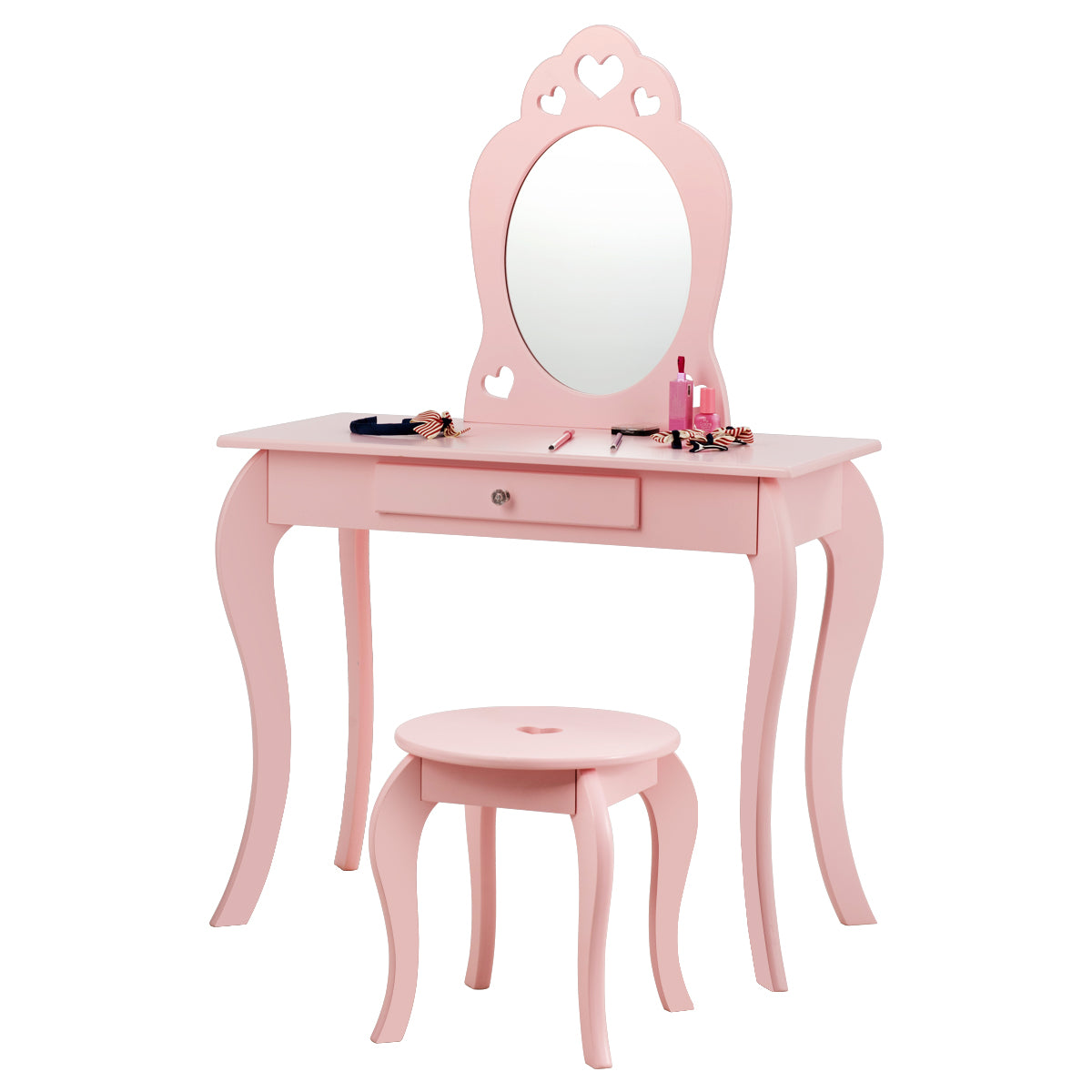 LIVSK Kaptafelset voor Kinderen - Stevig MDF & Grenenhout - Echte Spiegel - Veilig Ontwerp - 70 x 34 x 105 cm - Roze