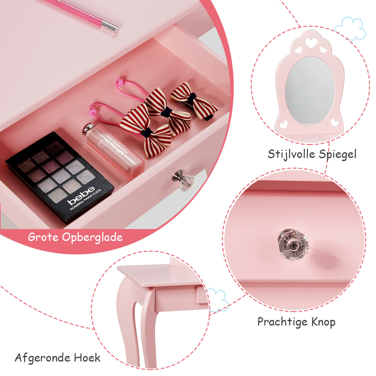 LIVSK Kaptafelset voor Kinderen - Stevig MDF & Grenenhout - Echte Spiegel - Veilig Ontwerp - 70 x 34 x 105 cm - Roze