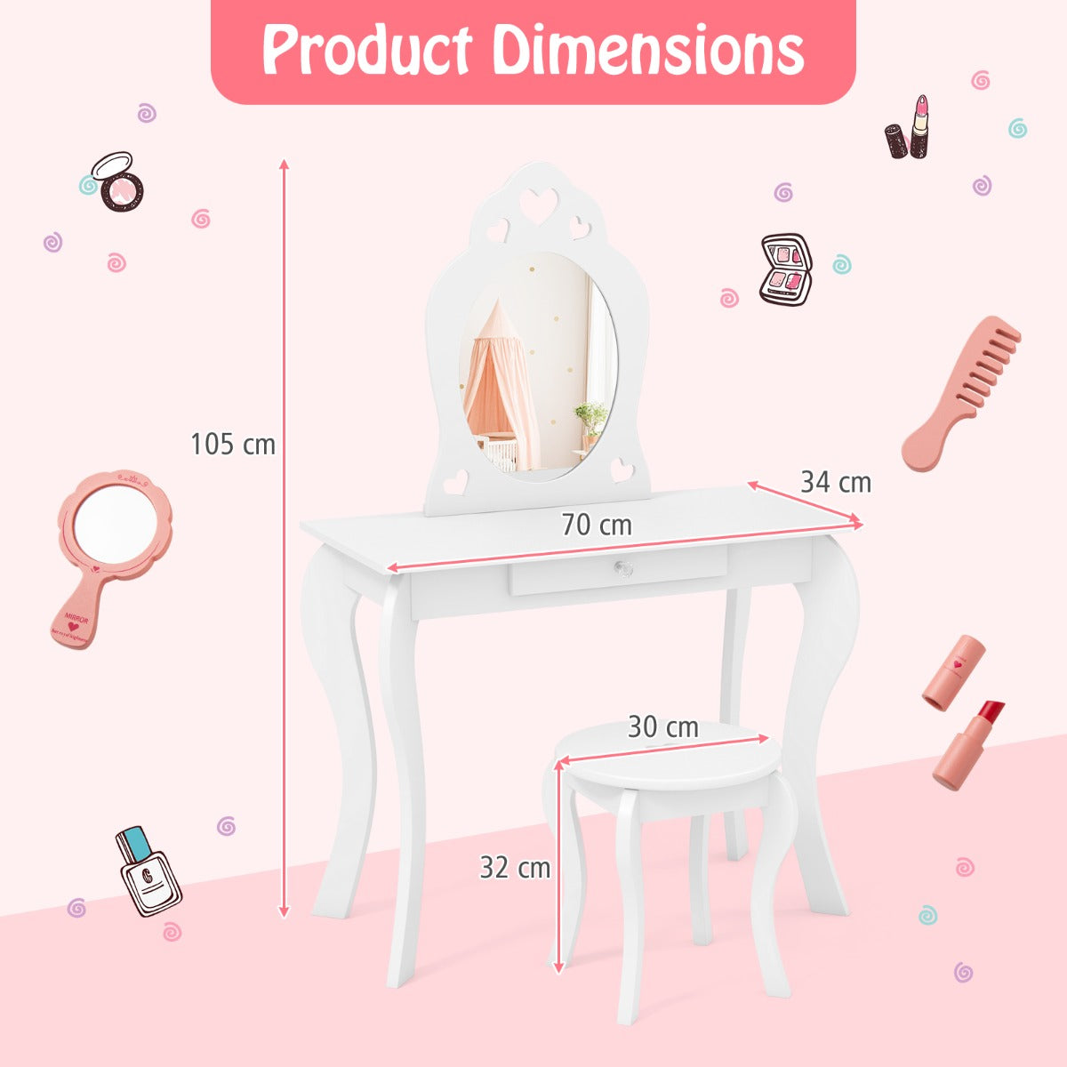 LIVSK Kinderkaptafelset - Stabiel MDF en Dennenhout - Echte Spiegel - Veilig Ontwerp met Lade - Wit