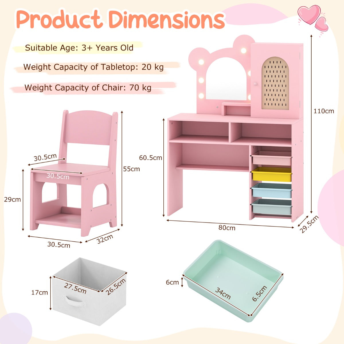 Livsk costway kinderkaptafel met lichte houten prinsessen stijl kaptafel en stoelenset roze 1 1