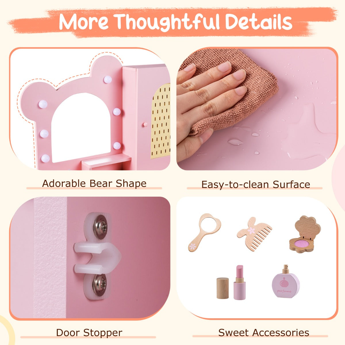 Livsk costway kinderkaptafel met lichte houten prinsessen stijl kaptafel en stoelenset roze 3