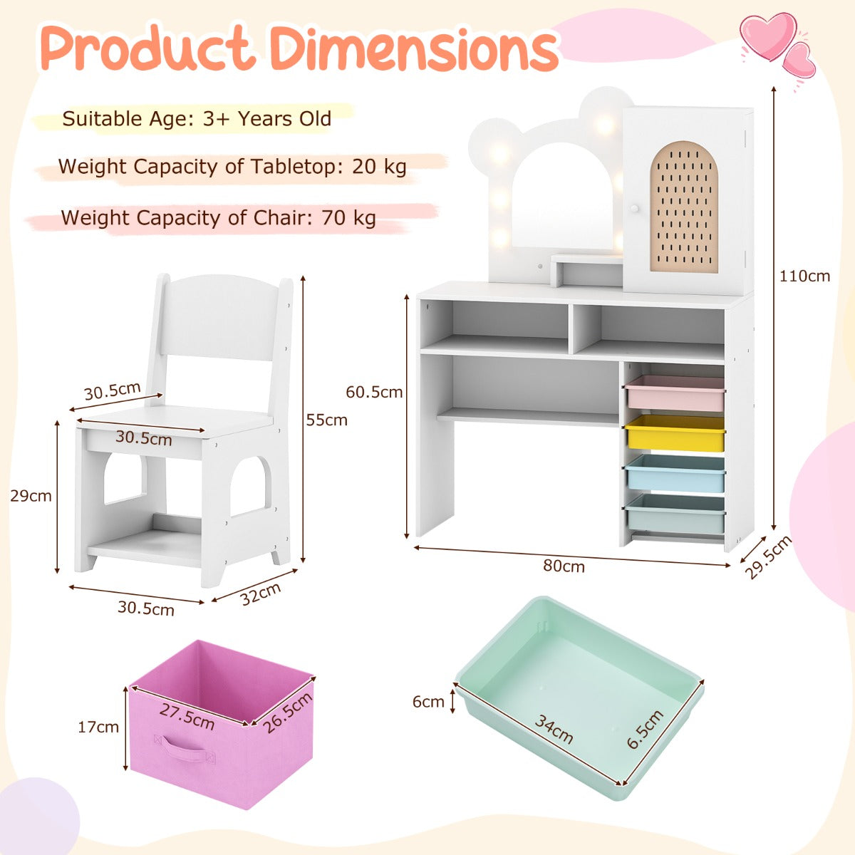 Livsk costway kinderkaptafel met lichte houten prinsessen stijl kaptafel en stoelenset wit 1 1