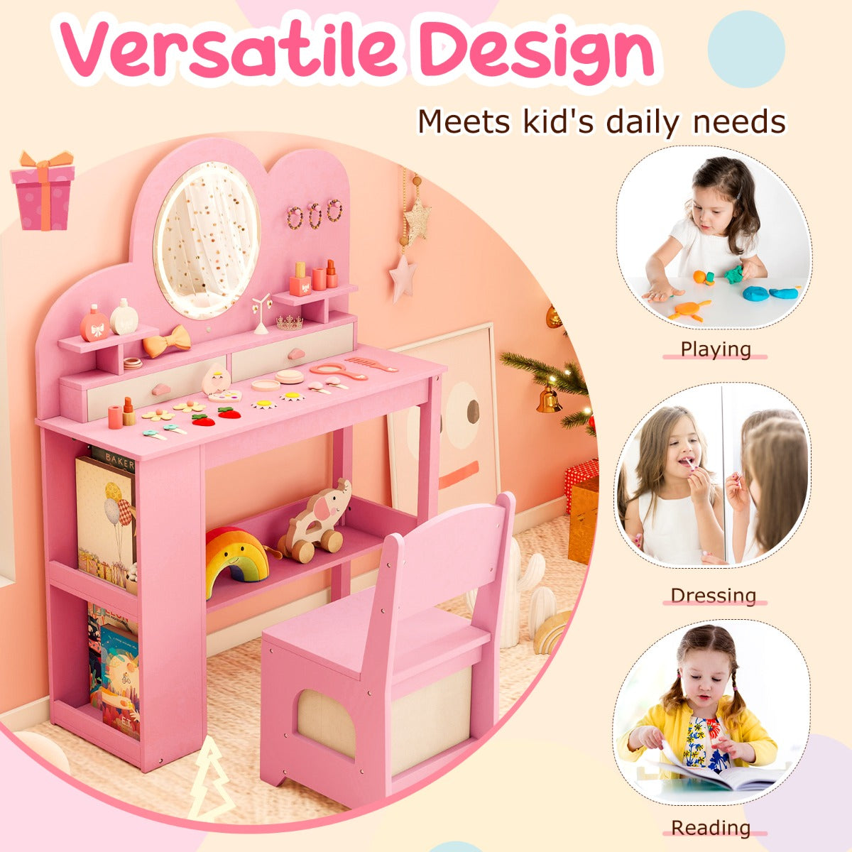 Livsk costway kinderkaptafel met lichte prinsessenstijl kaptafelset roze 4