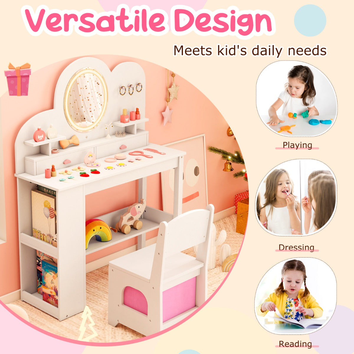 Livsk costway kinderkaptafel met lichte prinsessenstijl kaptafelset wit 6