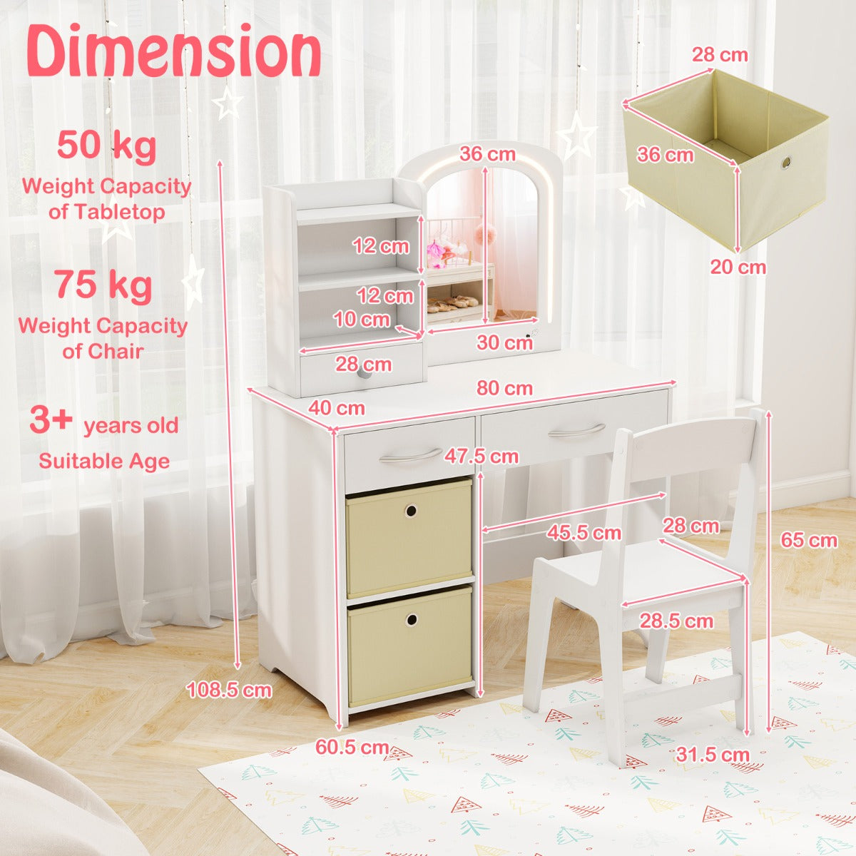 Livsk costway kinderkaptafel met verlichting spiegel laden en 2 opbergdozen kaptafel met kruk make uptafel voor kinderen vanaf 3 jaar wit 2