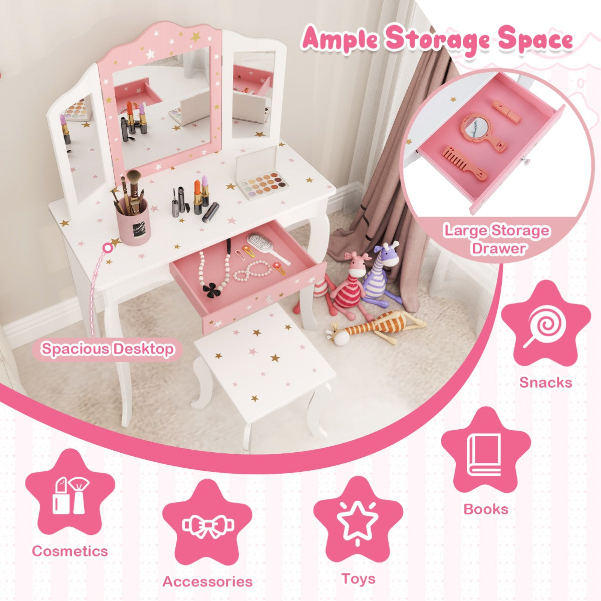 LIVSK Kinderkaptafel Set - 3-voudige Klapspiegel - Praktische Lade - Veilig MDF - Ideaal Cadeau - Wit