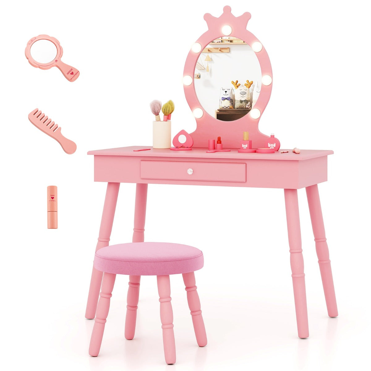 LIVSK Kinderkaptafel Set - Verlichte Spiegel met 3 standen - Uitschuifbare Lade - Gewatteerd Krukje - Roze/Wit