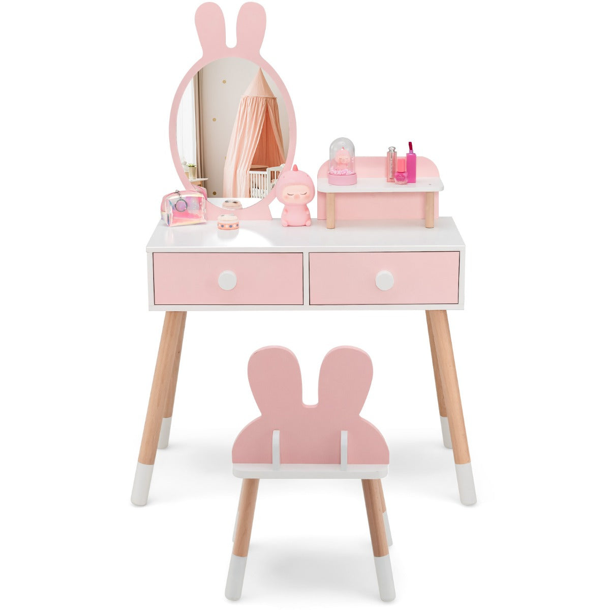 LIVSK Kinderkaptafel met Konijnendesign - Onbreekbare Spiegel - 2 Laden - Ruim Tafelblad - Duurzaam MDF - Roze