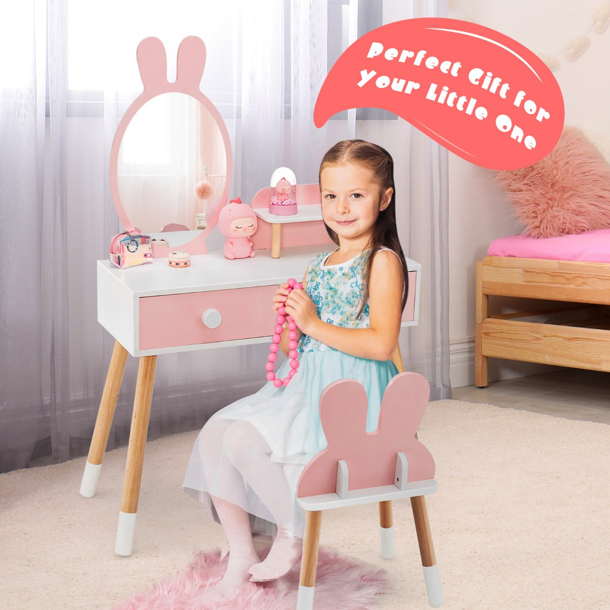 LIVSK Kinderkaptafel met Konijnendesign - Onbreekbare Spiegel - 2 Laden - Ruim Tafelblad - Duurzaam MDF - Roze