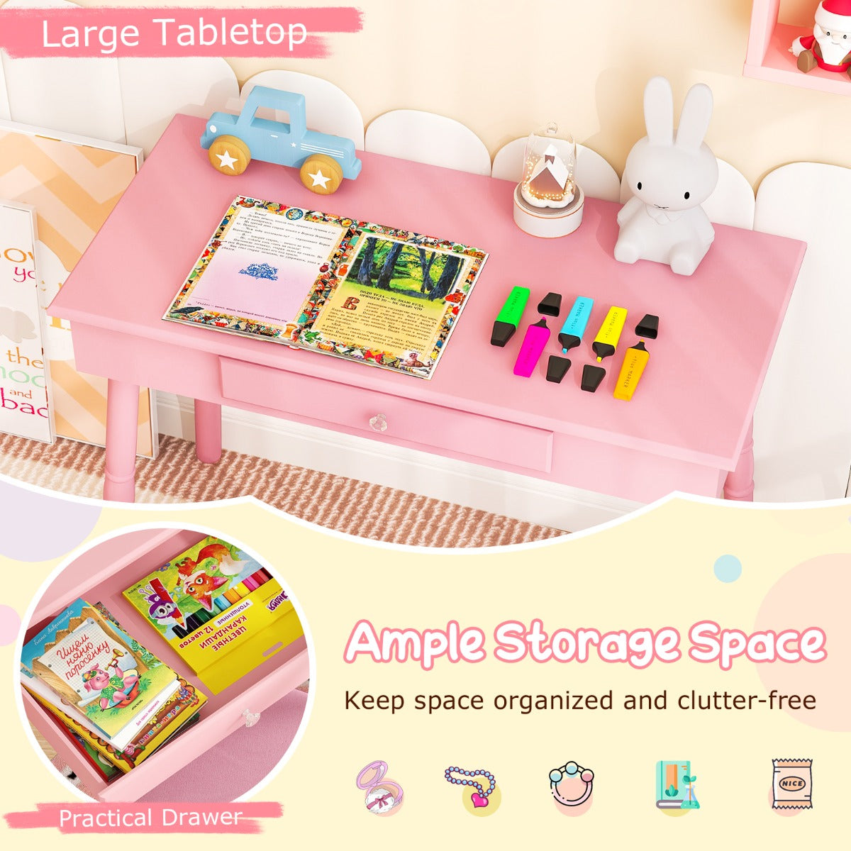 LIVSK Kinderkaptafelset - Hoogwaardig MDF en Dennenhout - Veilig met Ronde Hoeken - Handige Opberglade - Roze