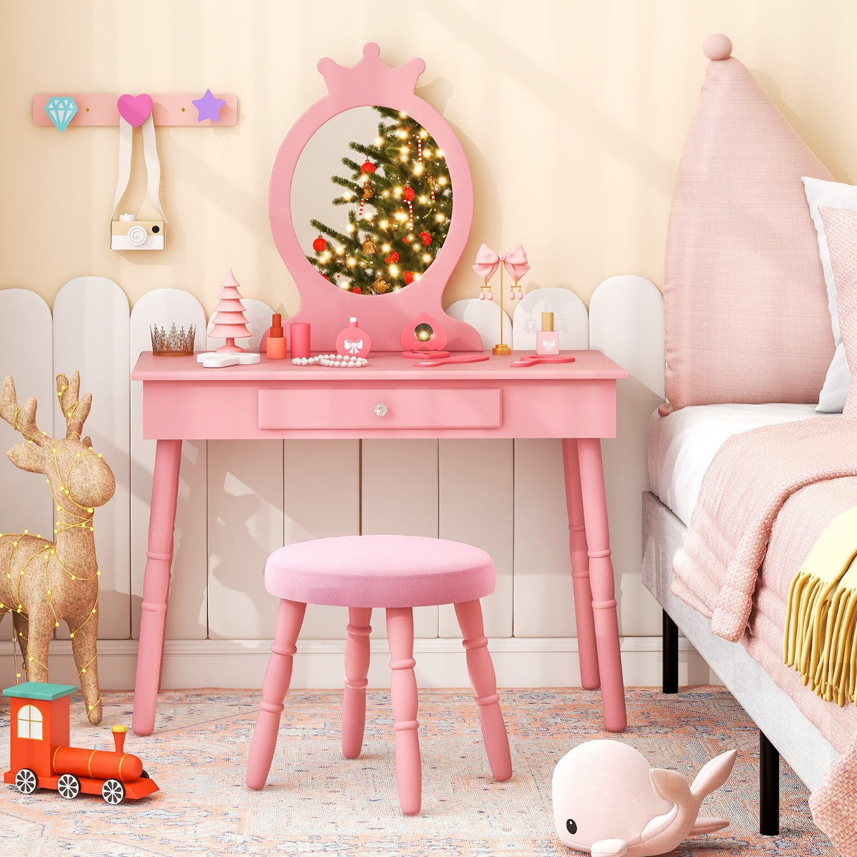 LIVSK Kinderkaptafelset - Hoogwaardig MDF en Dennenhout - Veilig met Ronde Hoeken - Handige Opberglade - Roze