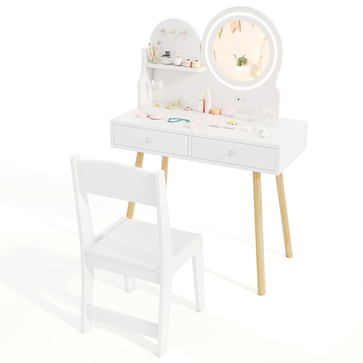 Livsk costway kinderkaptafelset met verlichte spiegel make uptafel en stoelset open plank haken en lades houten kaptafel wit 1 1