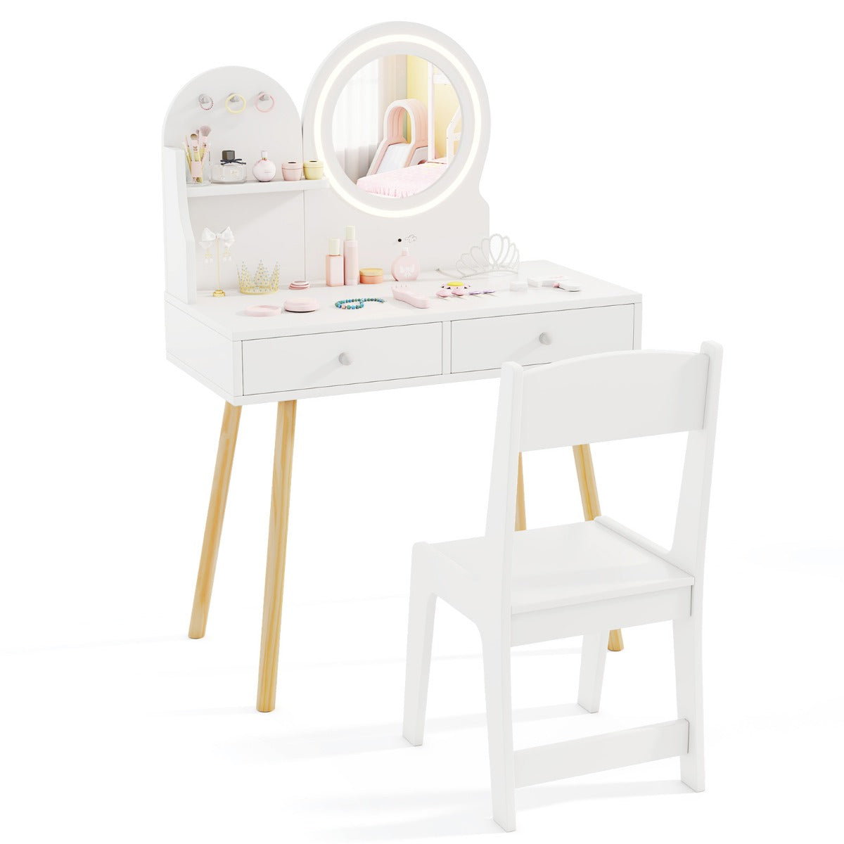 Livsk costway kinderkaptafelset met verlichte spiegel make uptafel en stoelset open plank haken en lades houten kaptafel wit