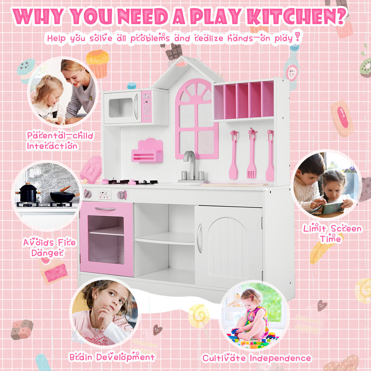 LIVSK Houten Kinderkeuken - Veilig en Duurzaam - Realistische Accessoires - Voor Peuters vanaf 3 jaar - 109 x 32 x 106,5 cm -