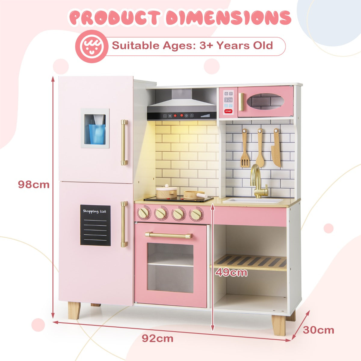 Livsk costway kinderkeuken houten speelkeuken met ijsblokjesmachine afzuigkap krijtbord barbecue keukengerei speelgoedkeukenset met licht en geluid 2