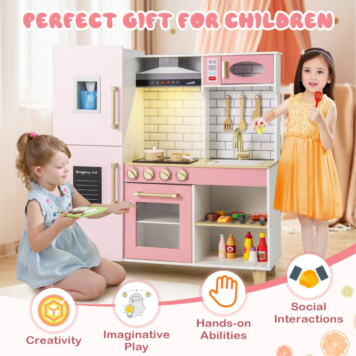 Livsk costway kinderkeuken houten speelkeuken met ijsblokjesmachine afzuigkap krijtbord barbecue keukengerei speelgoedkeukenset met licht en geluid 4