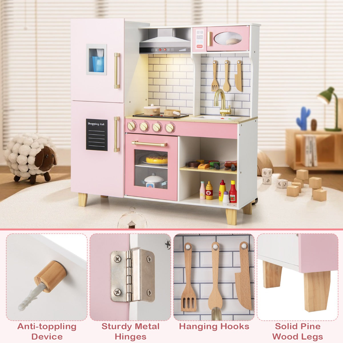 Livsk costway kinderkeuken houten speelkeuken met ijsblokjesmachine afzuigkap krijtbord barbecue keukengerei speelgoedkeukenset met licht en geluid 5
