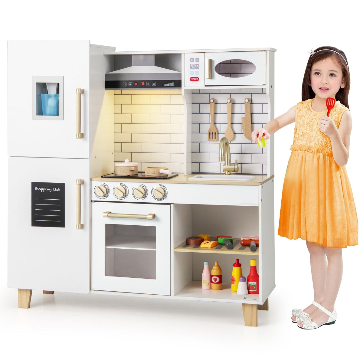 Livsk costway kinderkeuken houten speelkeuken met ijsblokjesmachine afzuigkap krijtbord barbecue keukengerei speelgoedkeukenset met licht en geluid wit