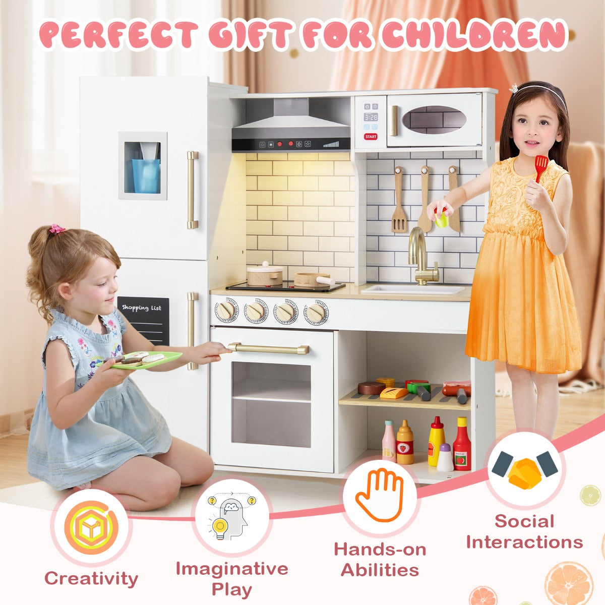 Livsk costway kinderkeuken houten speelkeuken met ijsblokjesmachine afzuigkap krijtbord barbecue keukengerei speelgoedkeukenset met licht en geluid wit 2