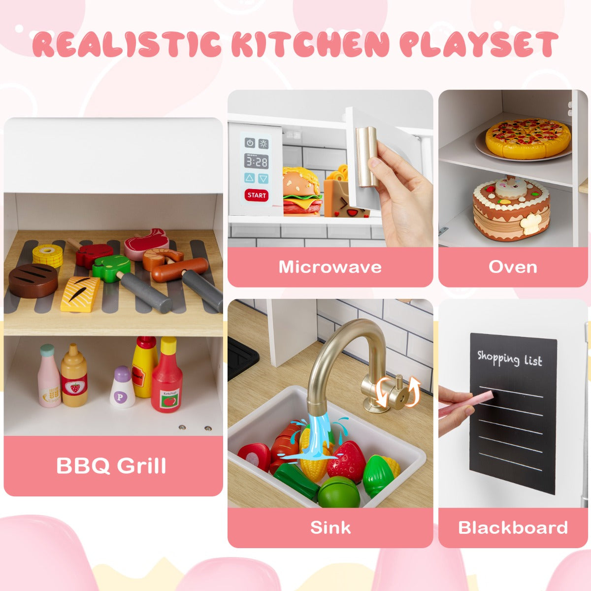 Livsk costway kinderkeuken houten speelkeuken met ijsblokjesmachine afzuigkap krijtbord barbecue keukengerei speelgoedkeukenset met licht en geluid wit 3