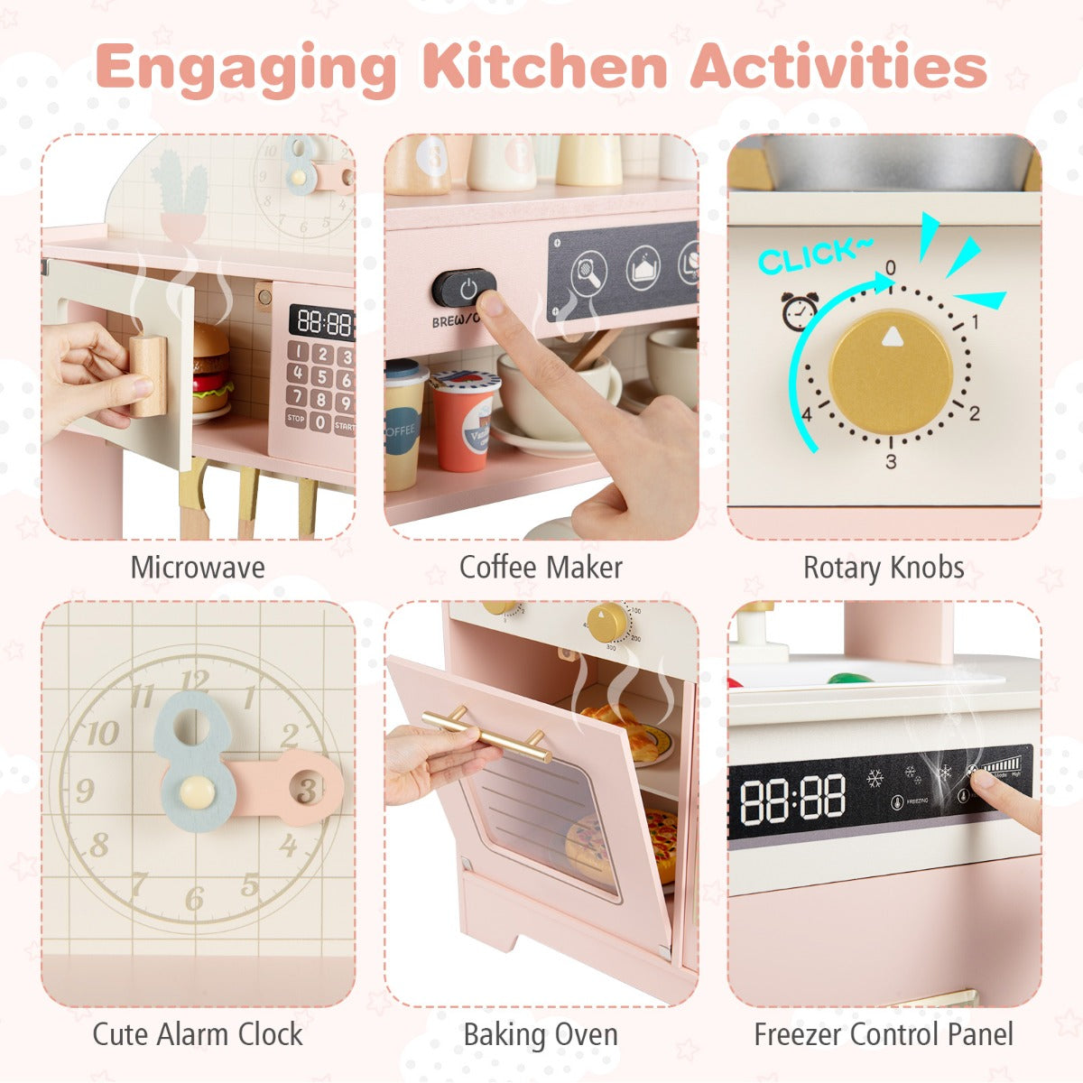 Livsk costway kinderkeuken houten speelkeuken met opbergruimte en 17 accessoires houten keuken voor kinderen vanaf 3 jaar roze