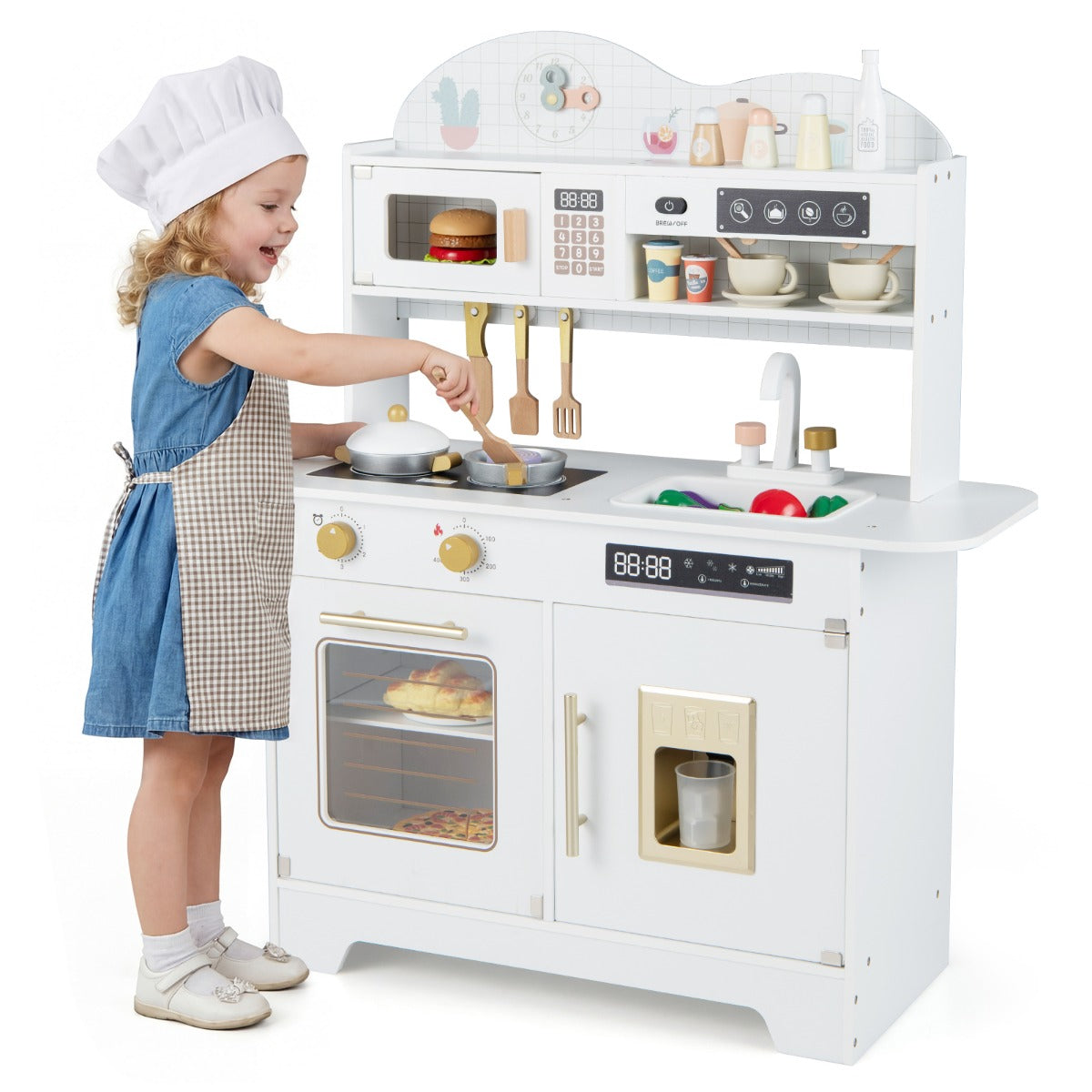 Livsk costway kinderkeuken houten speelkeuken met opbergruimte en 17 accessoires houten keuken voor kinderen vanaf 3 jaar wit 1