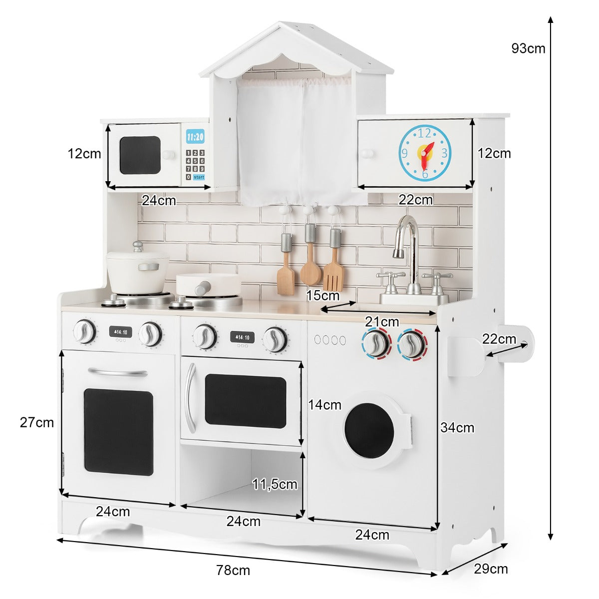 LIVSK Kinderkeuken met Wasmachine en Magnetron - Realistische Apparaten - Handige Opbergruimte - Duurzaam - 78 x 29 x 93 cm - Wit