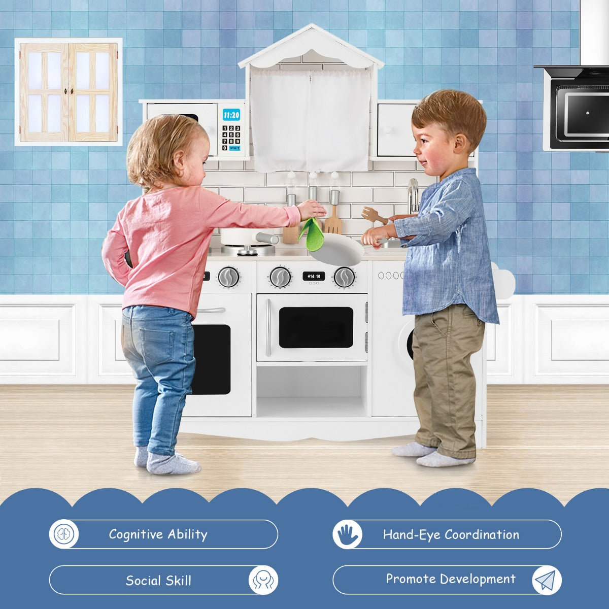 LIVSK Kinderkeuken met Wasmachine en Magnetron - Realistische Apparaten - Handige Opbergruimte - Duurzaam - 78 x 29 x 93 cm - Wit