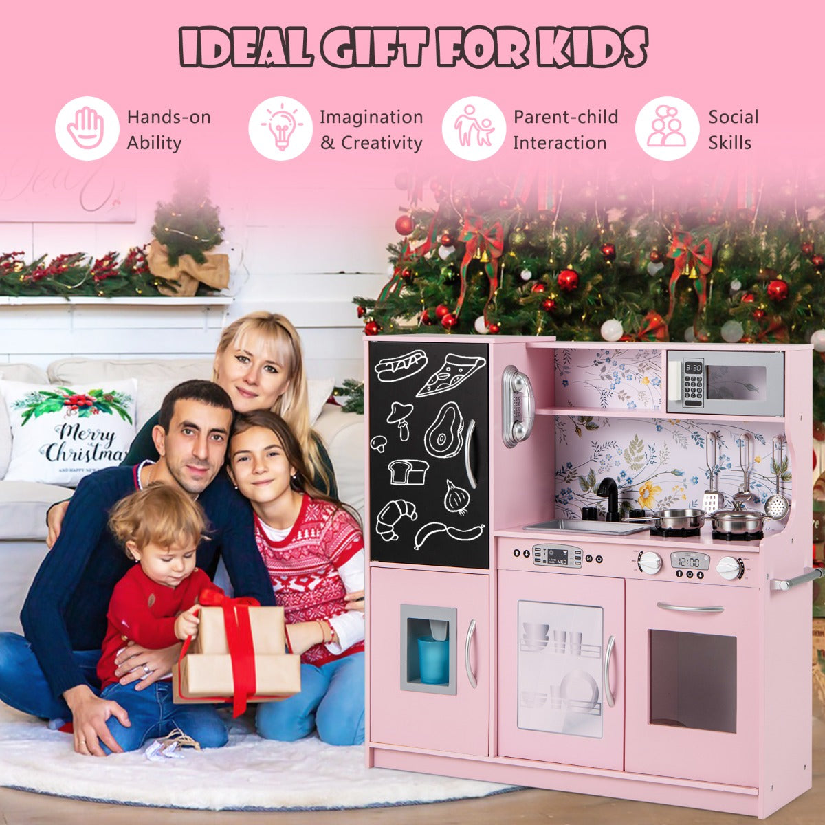 LIVSK Peuterkeukenset met 10 Accessoires - Magnetron, Vaatwasser, Geluiden - Veilig en BPA-vrij - 82 x 24 x 80 cm - Roze/Zwart
