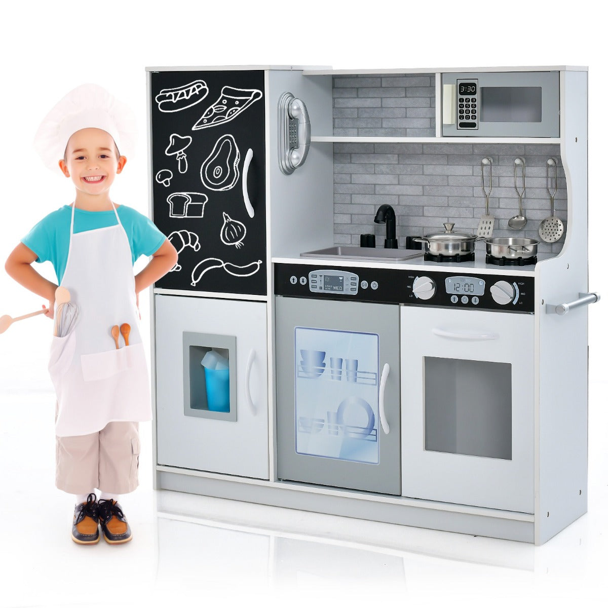 LIVSK Speelkeuken met 10 Accessoires - Magnetron, IJsmachine, Vaatwasser - Educatief en Veilig - Voor Kinderen 3-6 Jaar - Grijs