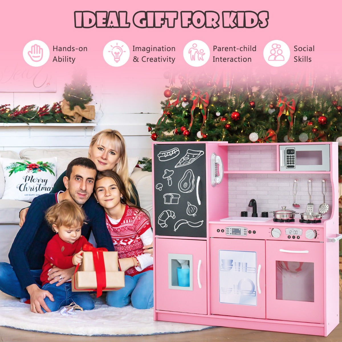 LIVSK Speelkeuken - Magnetron, Oven, Ijsmachine - Veilig Ontwerp met Opbergruimte - Voor Kinderen 3-6 jaar - Roze