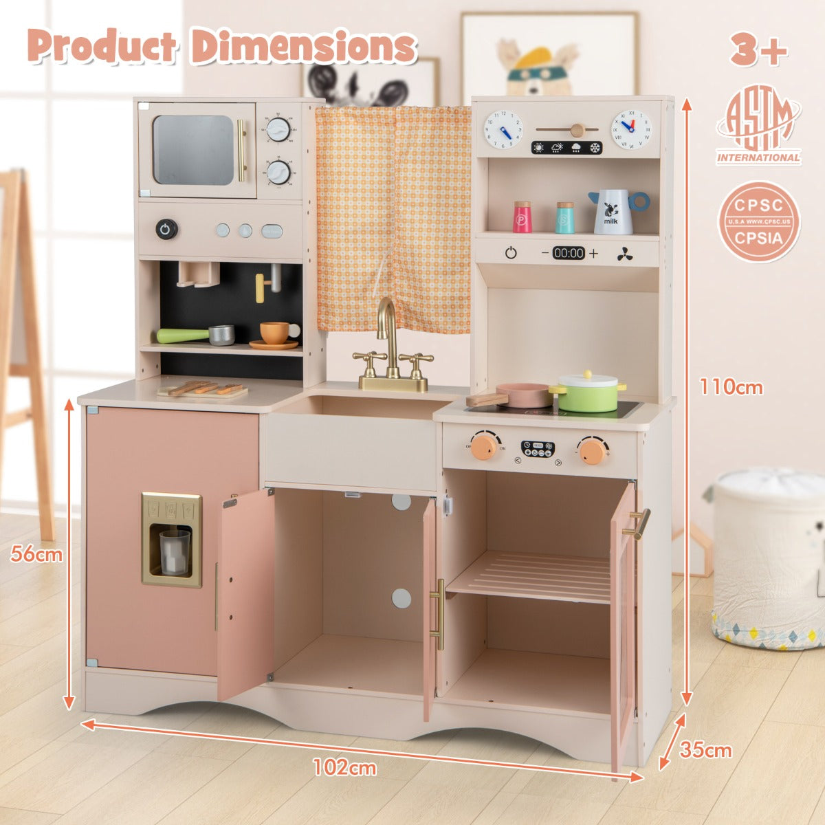 Livsk costway kinderkeuken met kookaccessoires speelkeuken hout met magnetron koffiezetapparaat ijsmachine gootsteen en oven speelgoedkeuken roze 2