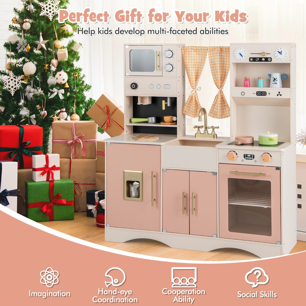 Livsk costway kinderkeuken met kookaccessoires speelkeuken hout met magnetron koffiezetapparaat ijsmachine gootsteen en oven speelgoedkeuken roze 4