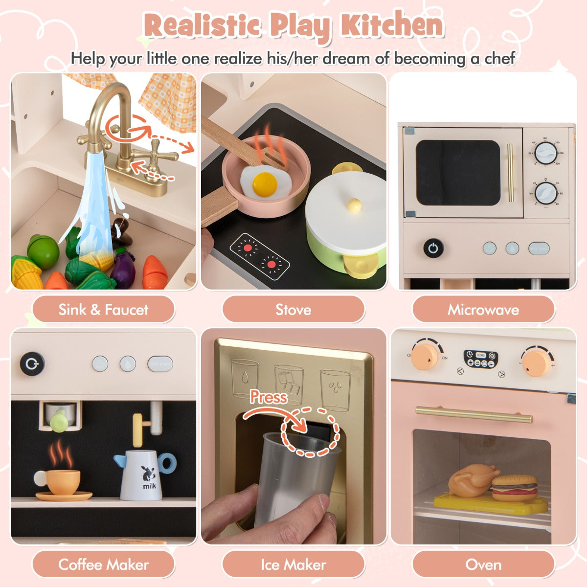 Livsk costway kinderkeuken met kookaccessoires speelkeuken hout met magnetron koffiezetapparaat ijsmachine gootsteen en oven speelgoedkeuken roze 6