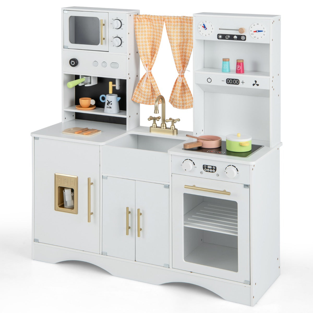 Livsk costway kinderkeuken met kookaccessoires speelkeuken hout met magnetron koffiezetapparaat ijsmachine gootsteen en oven speelgoedkeuken wit 1 1