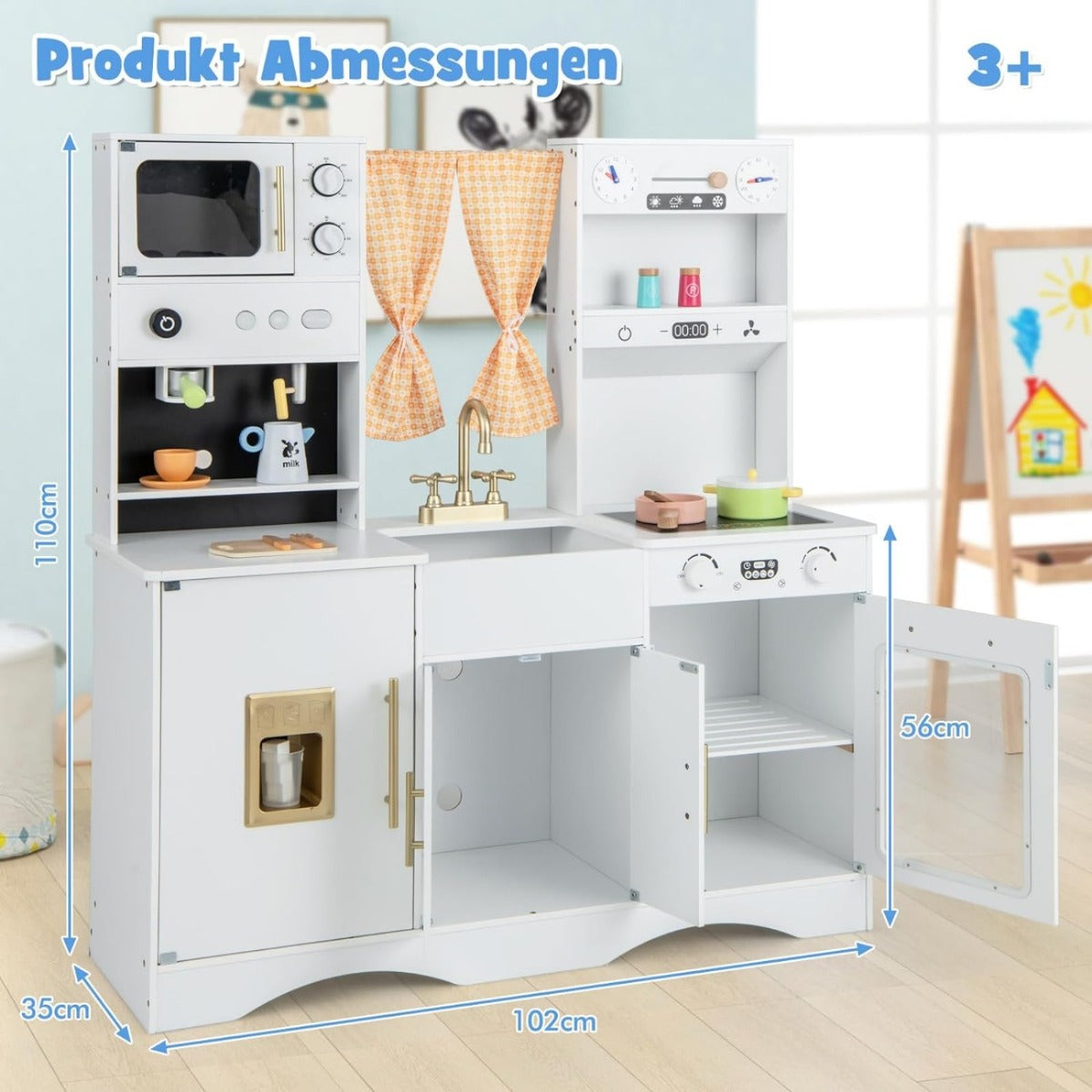 Livsk costway kinderkeuken met kookaccessoires speelkeuken hout met magnetron koffiezetapparaat ijsmachine gootsteen en oven speelgoedkeuken wit 2