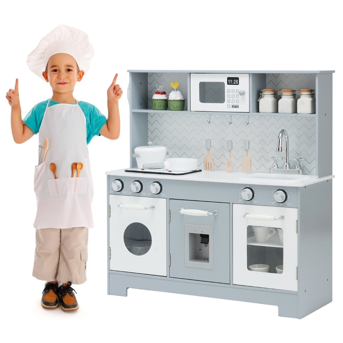 LIVSK Speelkeuken met Magnetron en Speeltoebehoren - Realistische Lichten en Geluiden - Duurzaam MDF - Voor Kinderen 3+ - Wit en