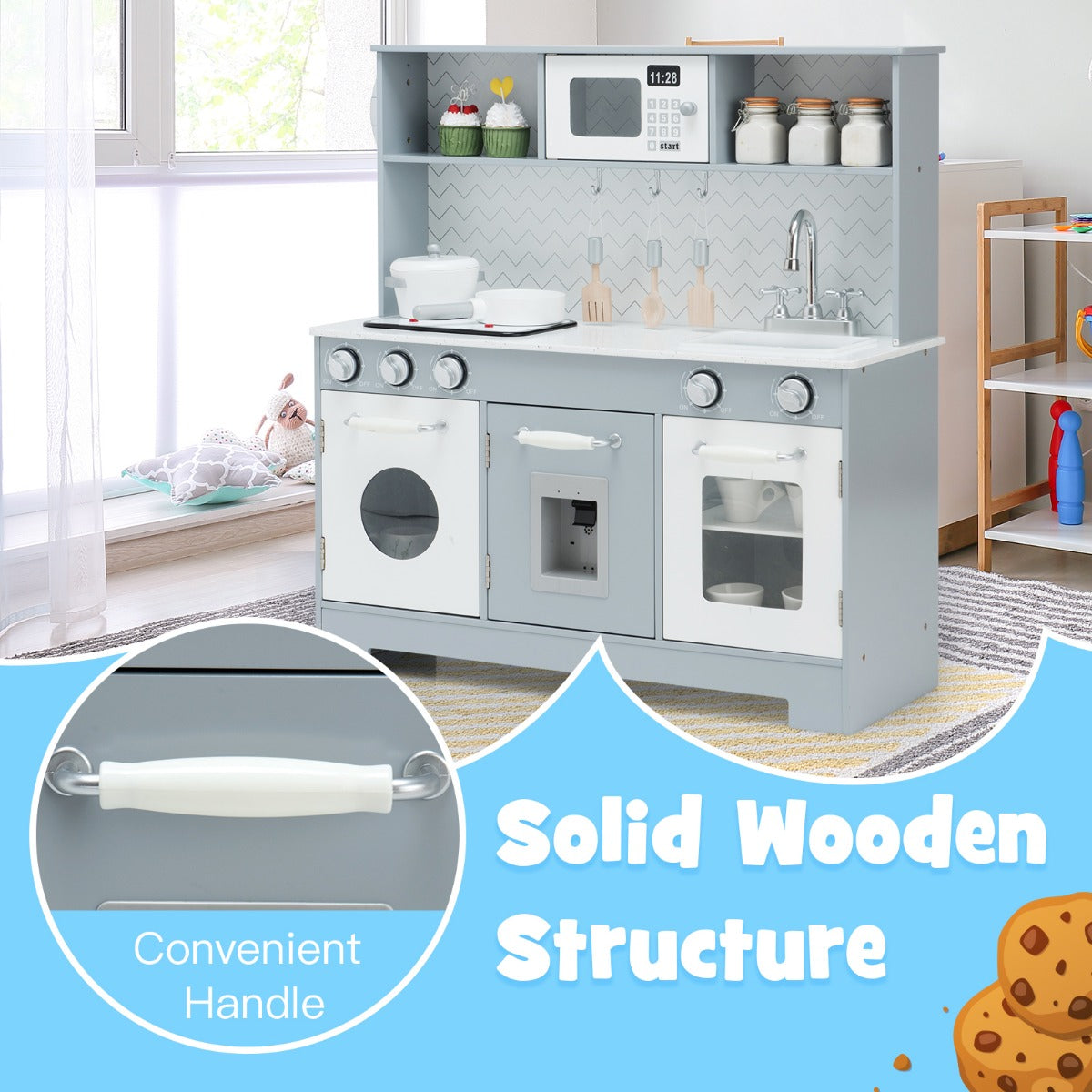 LIVSK Speelkeuken met Magnetron en Speeltoebehoren - Realistische Lichten en Geluiden - Duurzaam MDF - Voor Kinderen 3+ - Wit en
