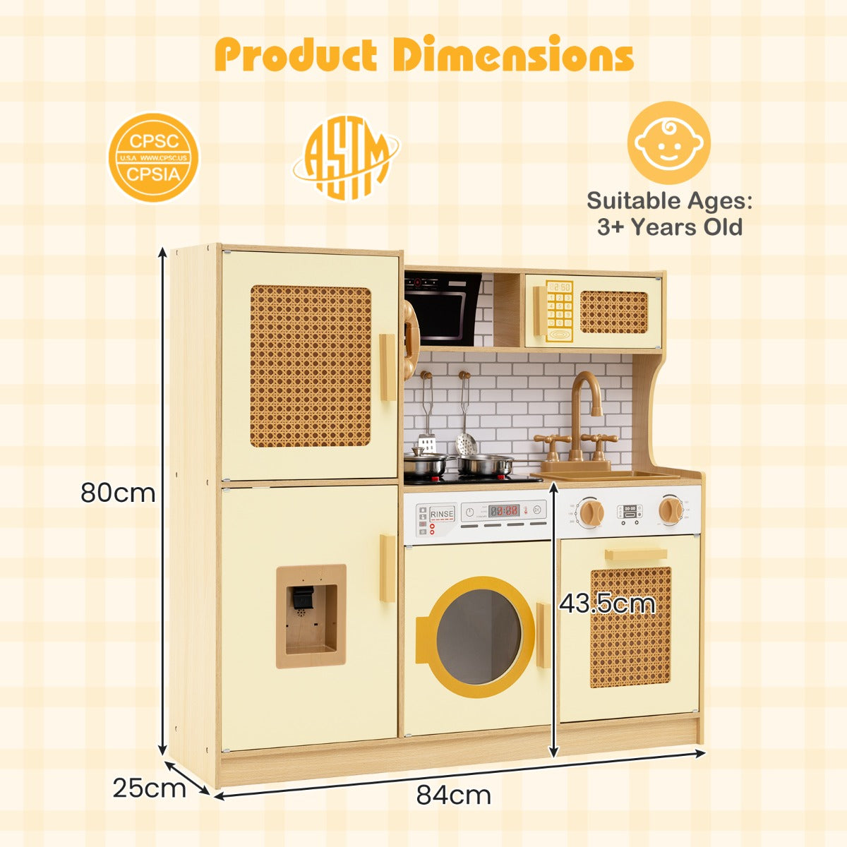 LIVSK Houten Speelkeuken met Rieten Deuren - Koelkast, Magnetron & Oven - Geluid- en Lichteffecten - Inclusief Kookaccessoires -