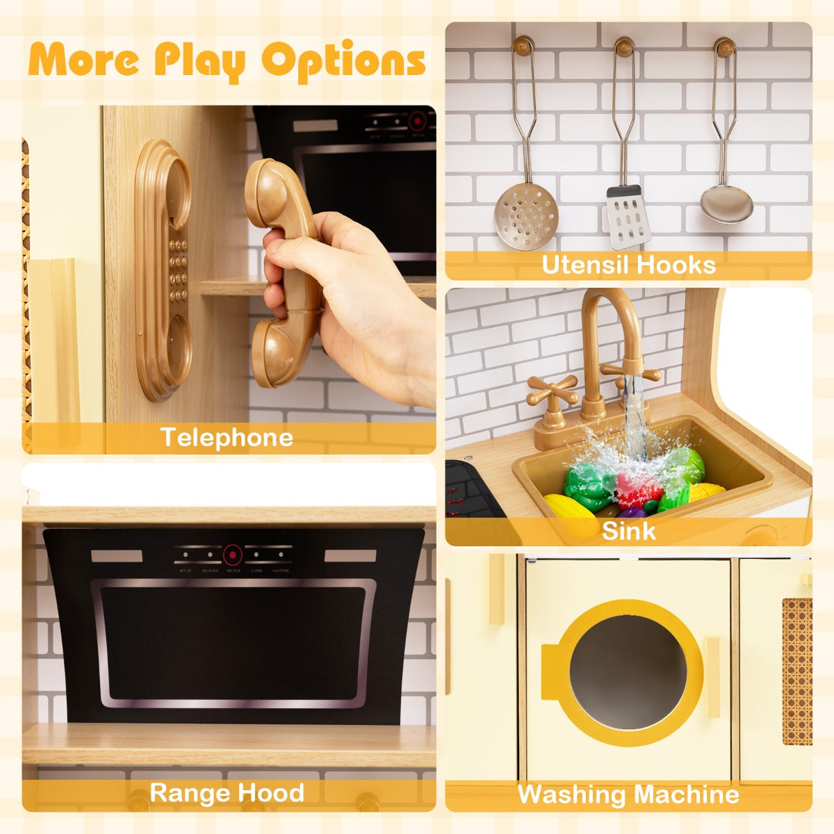 LIVSK Houten Speelkeuken met Rieten Deuren - Koelkast, Magnetron & Oven - Geluid- en Lichteffecten - Inclusief Kookaccessoires -