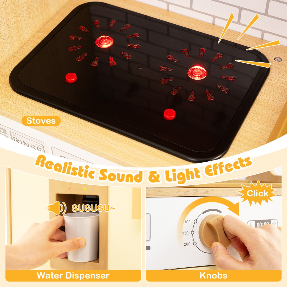 LIVSK Houten Speelkeuken met Rieten Deuren - Koelkast, Magnetron & Oven - Geluid- en Lichteffecten - Inclusief Kookaccessoires -